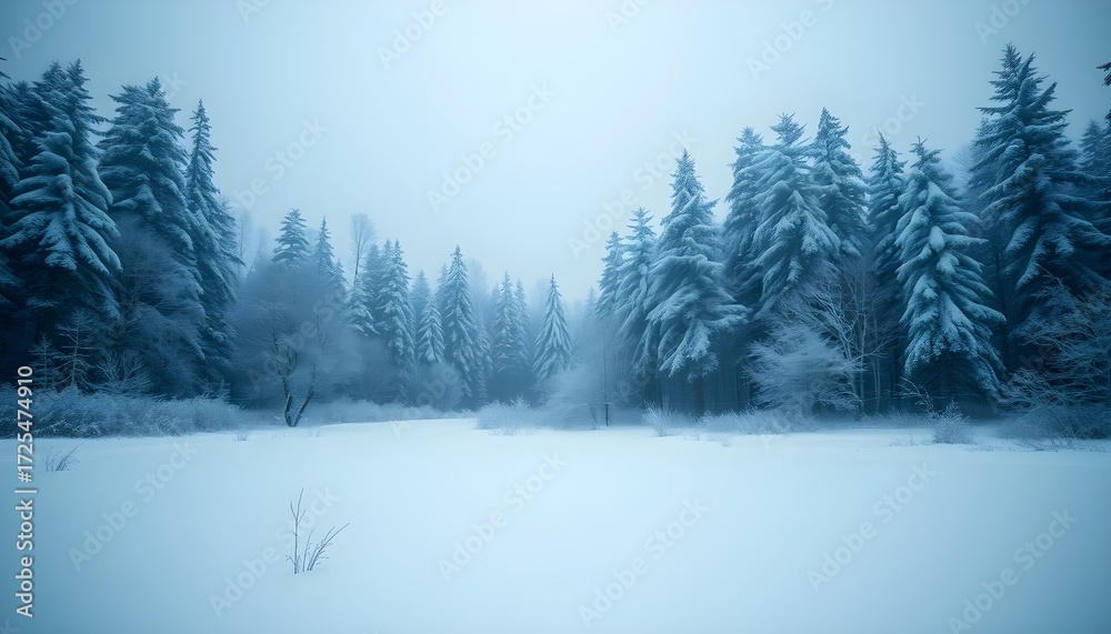 Naklejka premium A beautiful winter scene, showing snowy ground and frozen forest trees.