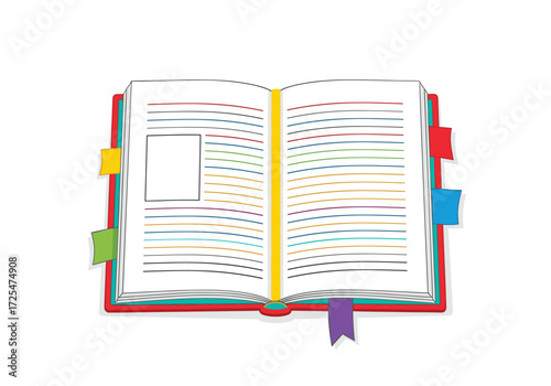 An open book with colorful bookmarks indicating important information.