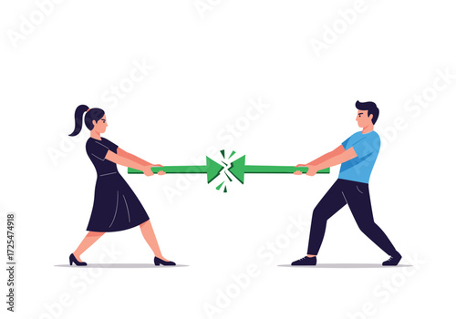 A woman and a man in a tug of war with a breaking arrow between them.