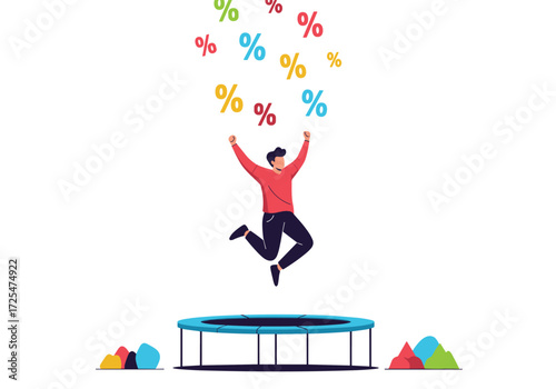 Excited person jumping on trampoline with falling percentages.