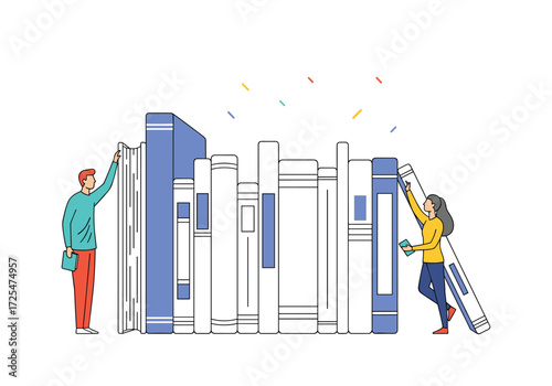Students organizing books on a shelf. 