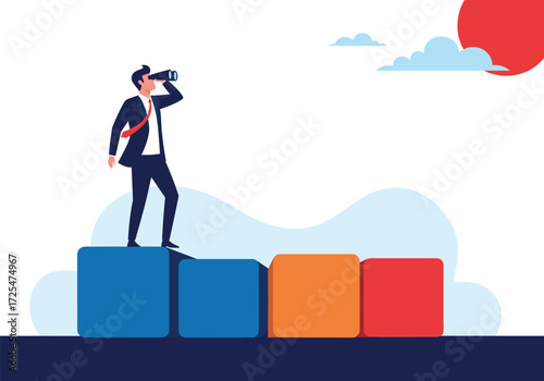 A businessman looks into binoculars on top of a block.