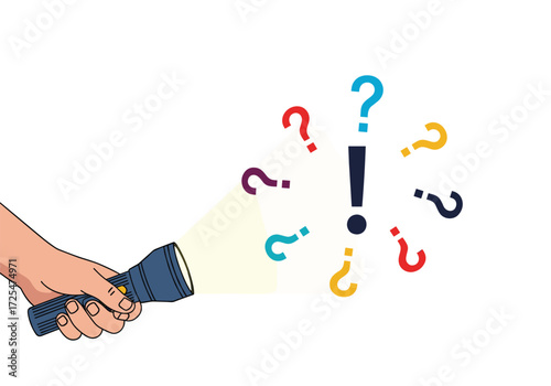 A hand holding a flashlight illuminating question marks and an exclamation point.