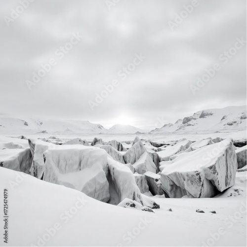 A HDR depiction of Icelandic Glaciers during sunrise in summer, under snow-covered conditions, capturing unique natural textures and atmospheric mood.