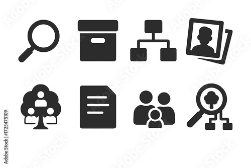 Dark mode icons of documents and organization on gradient background