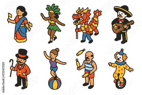 Colorful cartoon circus characters in traditional costumes and outfits