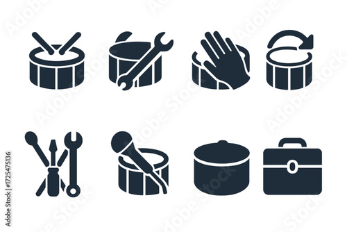 Dark mode icon set: percussion, tools, and music instruments silhouettes