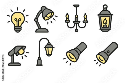Set of flat lighting icons featuring lamps and chandeliers