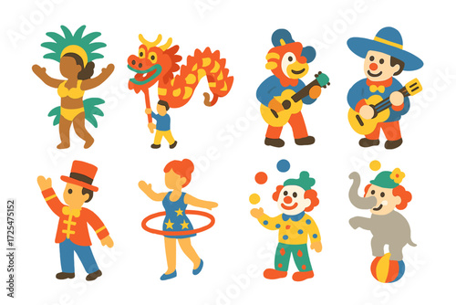 Festive cartoon character collection: clowns, dancers, and circus fun