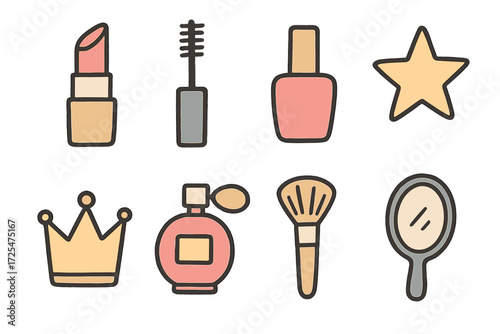 Hand-drawn beauty icons set with makeup and accessories on wood background