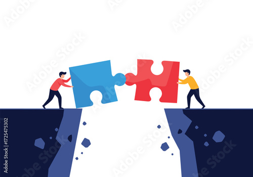 Two people connect puzzle pieces bridging a gap.