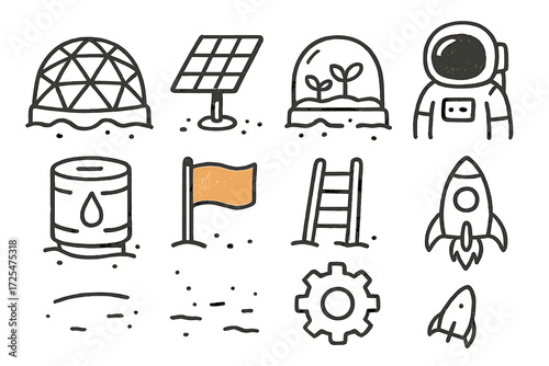 Hand drawn space exploration icons with doodle style elements