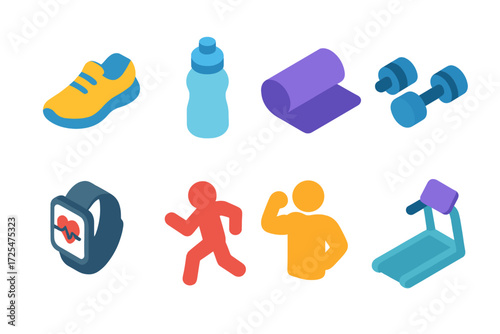 Glowing fitness icons in neon isometric style for modern wellness themes
