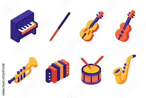 Colorful isometric musical instruments set with neon glow