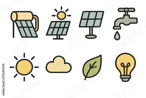 Renewable energy icons with solar panels, water conservation, and eco-friendly symbols