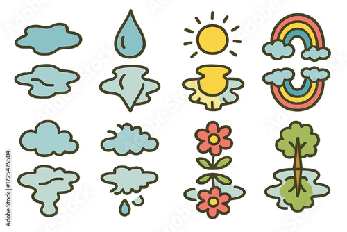Flat weather icons with cloud, sun, rain, and rainbow elements on textured background