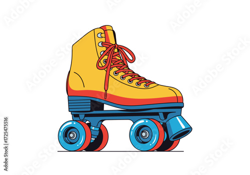 A classic retro roller skate with yellow high tops and red laces and wheels.