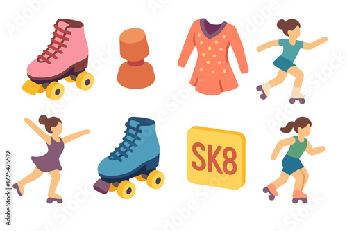 Retro roller skating elements with costume and enthusiastic skaters in vibrant style