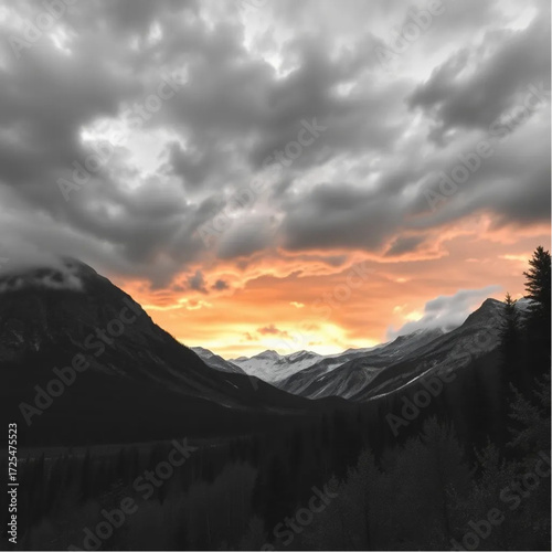 A long exposure photography depiction of Banff National Park during sunset in autumn, under stormy conditions, capturing unique natural textures and atmospheric mood.