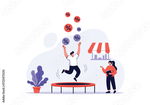A person juggles percentage signs while jumping on a trampoline with another person observing.