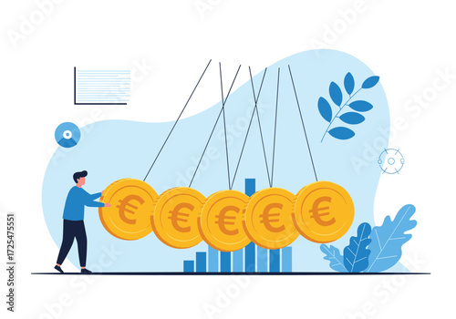 Person pushing a pendulum made of coins demonstrating financial momentum.