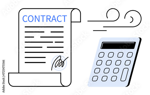 Signed contract next to calculator and wind, symbolizing business agreements, cost analysis, or negotiation terms. Ideal for legal, tax, finance, business planning agreement audit concepts. Simple