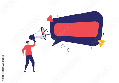 A man is shouting into a megaphone at a speech bubble. he is making a big announcement.