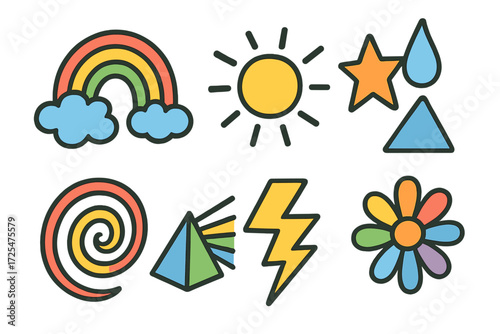 Colorful weather and nature symbols with bold outlines on textured background