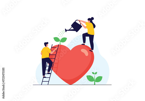 People watering a giant heart to grow plants on top.