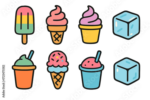 Cute ice cream and popsicle icons with bold outlines for summer designs