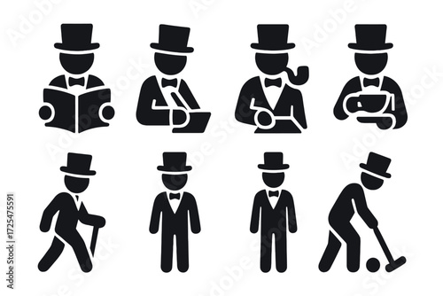 Elegant gentlemen pictogram set: activities and hobbies in classic style