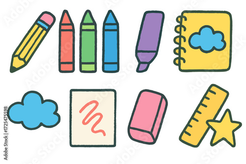 Colorful hand-drawn school supplies on gradient background