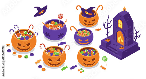 Isometric halloween treats with candy and spooky elements