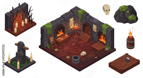 Isometric dungeon room with fireplace and candles for game design