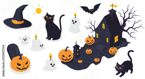 Spooky halloween night: haunted house, cats, pumpkins, and ghosts