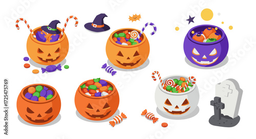 Halloween pumpkin buckets filled with candy in vibrant isometric style