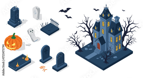 Isometric haunted house with graveyard and halloween elements