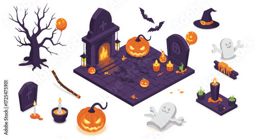 Isometric halloween set with pumpkins, ghosts, and spooky elements for festive design