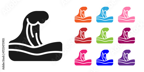 Black Tsunami icon isolated on white background. Flood disaster. Stormy weather by seaside, ocean or sea wave or tsunami. Set icons colorful. Vector