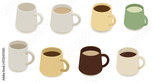 Colorful isometric coffee mugs collection with different designs and perspectives