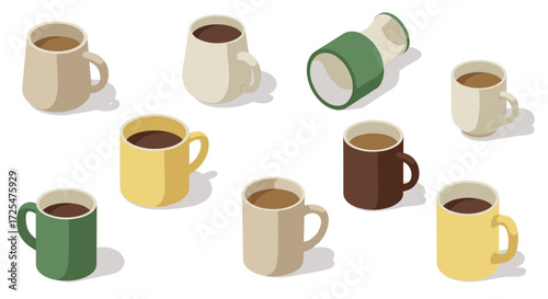 Isometric coffee mugs collection: diverse colors and styles on white background