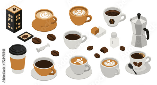 Isometric coffee cups with beans and accessories in modern design