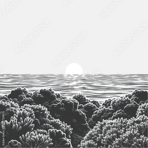 A digital art depiction of Great Barrier Reef during sunrise in winter, under windy conditions, capturing unique natural textures and atmospheric mood.