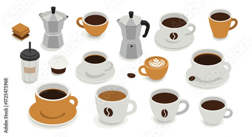 Wide variety of isometric coffee cups and pots: flat design collection