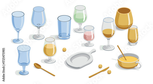 Isometric glassware and tableware arrangement with colored drinks on white background