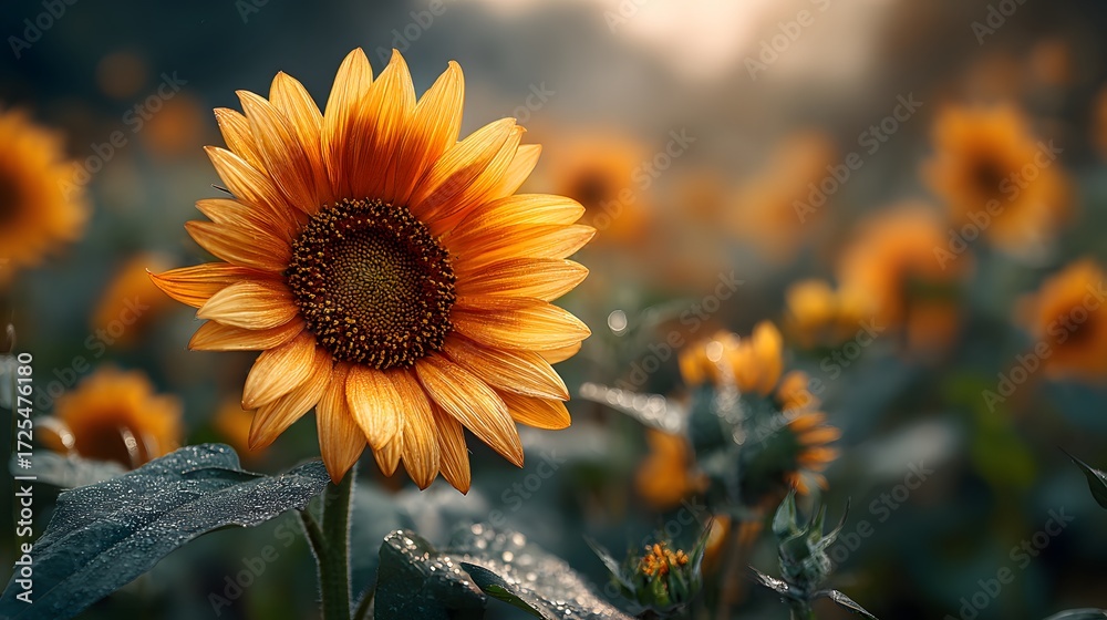 Obraz premium Magnificent, sun-kissed sunflower stands tall in the center of a field, its face turned towards the light. The background is a soft, warm bokeh of more flowers.