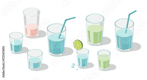 Refreshing isometric drinks with straws and lime in glasses