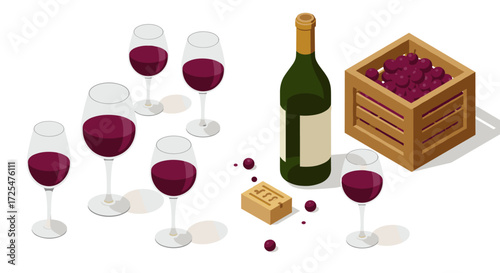 Isometric wine and cheese with glasses and grapes on a white background