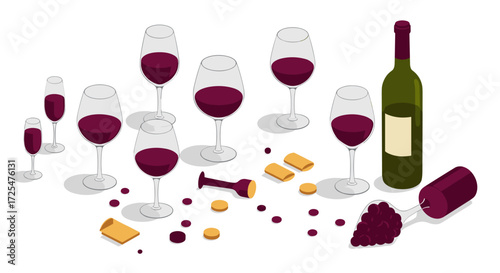 Isometric wine tasting: glasses, bottle, and snacks in a modern setting