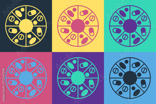 Pop art Vitamin complex of pill capsule icon isolated on color background. Healthy lifestyle. Vector